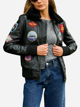 Load image into Gallery viewer, Black Leather Aviator Jacket For Women