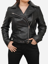 Load image into Gallery viewer, Margaret Slim Fit Black Leather Moto Jacket