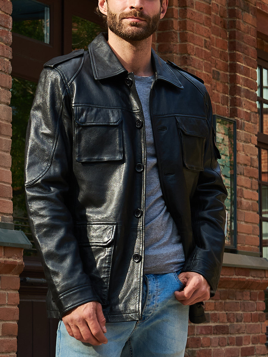 Lerna Jacket in Denim and Leather for Men, Trucker Silhouette