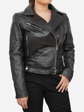 Load image into Gallery viewer, Slim Fit Black Leather Moto Jacket For Women