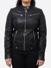 Load image into Gallery viewer, Women Vintage Style Black Cafe Racer Leather Jacket
