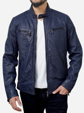Lade das Bild in den Galerie-Viewer, Jasiel Blue Leather Motorcycle Jacket