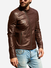 Load image into Gallery viewer, Quilted Brown Biker Leather Jacket For Men