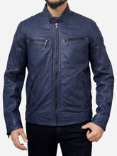 Lade das Bild in den Galerie-Viewer, Men Blue Leather Motorcycle Jacket