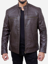 Lade das Bild in den Galerie-Viewer, Men Brown Leather Cafe Style Motorcycle Jacket