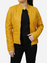 Load image into Gallery viewer, Isabella Casual Yellow Motorcycle Leather Jacket