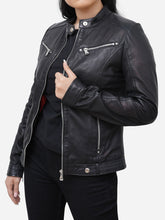 Load image into Gallery viewer, Vintage Style Black Motorcycle Leather Jacket For Women
