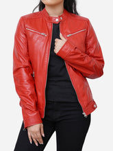 Lade das Bild in den Galerie-Viewer, Cafe Racer Red Leather Biker Jacket Womens