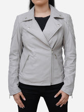 Load image into Gallery viewer, Quilted Grey Leather Biker Jacket For Women