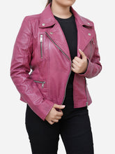 Load image into Gallery viewer, Women Casual Slim Fit Real Leather Pink Biker Leather Jacket