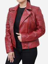 Load image into Gallery viewer, Quilted Wine Red Leather Jacket For Women