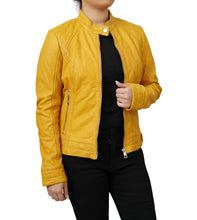 Load image into Gallery viewer, Women Casual Yellow Motorcycle Leather Jacket