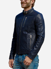 Load image into Gallery viewer, Didrik Blue Leather Motorcycle Jacket For Men