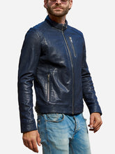 Load image into Gallery viewer, Didrik Blue Leather Biker Jacket For Men