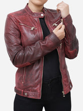 Load image into Gallery viewer, Maroon Cafe Racer Women Distressed Leather Jacket