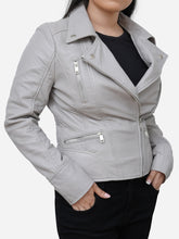 Load image into Gallery viewer, Classic Fitted Grey Leather Motorcycle Jacket For Women