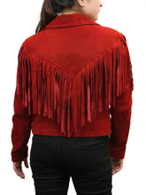 Load image into Gallery viewer, ErikaRedSuedeFringeJacketBackside