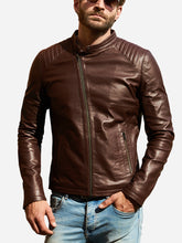 Load image into Gallery viewer, Casual Brown Leather Motorcycle Jacket For Men