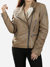 Load image into Gallery viewer, Women Beige Leather Biker Jacket
