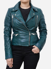 Load image into Gallery viewer, Green Leather Biker Jacket