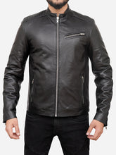 Load image into Gallery viewer, Fitted Black Cafe Racer Leather Jacket For Men