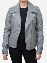Load image into Gallery viewer, Elizabeth Classic Sheepskin Grey Leather Moto Jacket