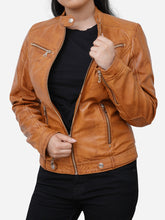 Load image into Gallery viewer, Women Distressed Brown Leather Biker Jacket