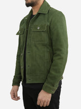 Load image into Gallery viewer, Men Green Suede Leather Trucker Jacket