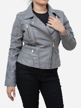 Load image into Gallery viewer, Women Casual Grey Leather Motorcycle Jacket