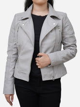 Load image into Gallery viewer, Eliana Grey Leather Motorcycle Jacket