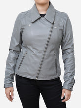 Load image into Gallery viewer, Women Grey Leather Moto Jacket