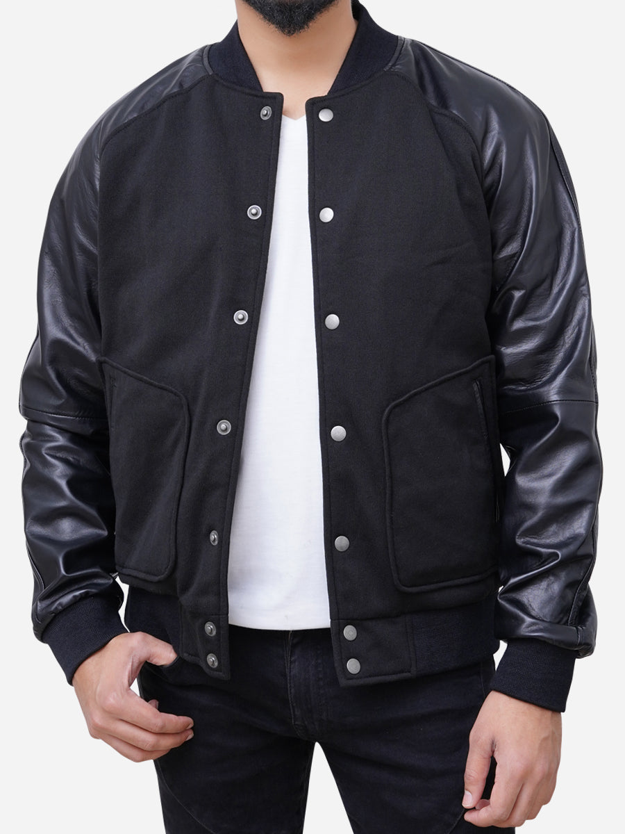 Wool Blended Leather Sleeves Men Black Varsity Jacket