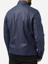 Lade das Bild in den Galerie-Viewer, Men Quilted Blue Leather Motorcycle Jacket