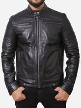 Load image into Gallery viewer, Zipper Pockets Style Men Black Motorcycle Leather Jacket