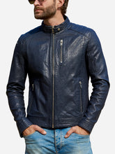 Load image into Gallery viewer, Men Didrik Blue Leather Motorcycle Jacket