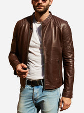 Load image into Gallery viewer, Quilted Mens Brown Biker Leather Jacket