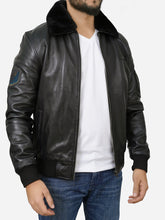 Load image into Gallery viewer, Black Flight Bomber Shearling Leather Jacket For Men