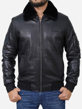 Load image into Gallery viewer, Flight Bomber Shearling Black Leather Jacket For Men