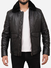 Load image into Gallery viewer, Men Shearling Collar Black Leather Jacket 
