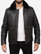 Load image into Gallery viewer, Men Shearling Collar Black Leather Jacket