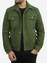 Load image into Gallery viewer, Men Suede Leather Green Trucker Jacket