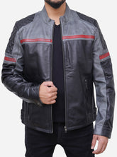 Load image into Gallery viewer, David Grey Leather Retro Style Motorcycle Jacket