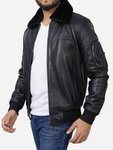 Load image into Gallery viewer, Flight Bomber Black Shearling Leather Jacket For Men