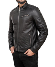 Load image into Gallery viewer, Black Cafe Racer Leather Jacket For Men