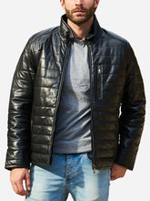 Load image into Gallery viewer, Rueben Designer Sheepskin Black Leather Puffer Jacket