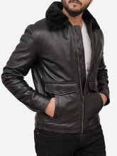Load image into Gallery viewer, Shearling Collar Style Black Leather Jacket For Men