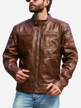 Load image into Gallery viewer, Distressed Leather Motorcycle Jacket For Men
