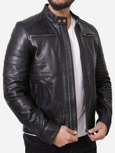 Load image into Gallery viewer, Classic Zipper Pockets Style Black Motorcycle Leather Jacket For Men