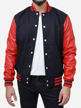 Load image into Gallery viewer, Men's Wool Blended Black and Red Varsity Jacket