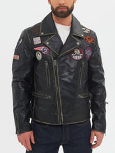 Load image into Gallery viewer, Vintage Style Men Black Leather Jacket With Patches